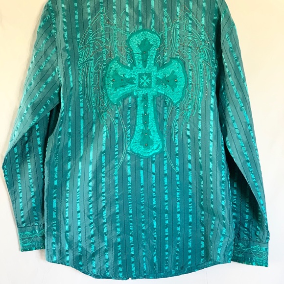 Danesi Jeans Striped teal top with crosses - Picture 3 of 3